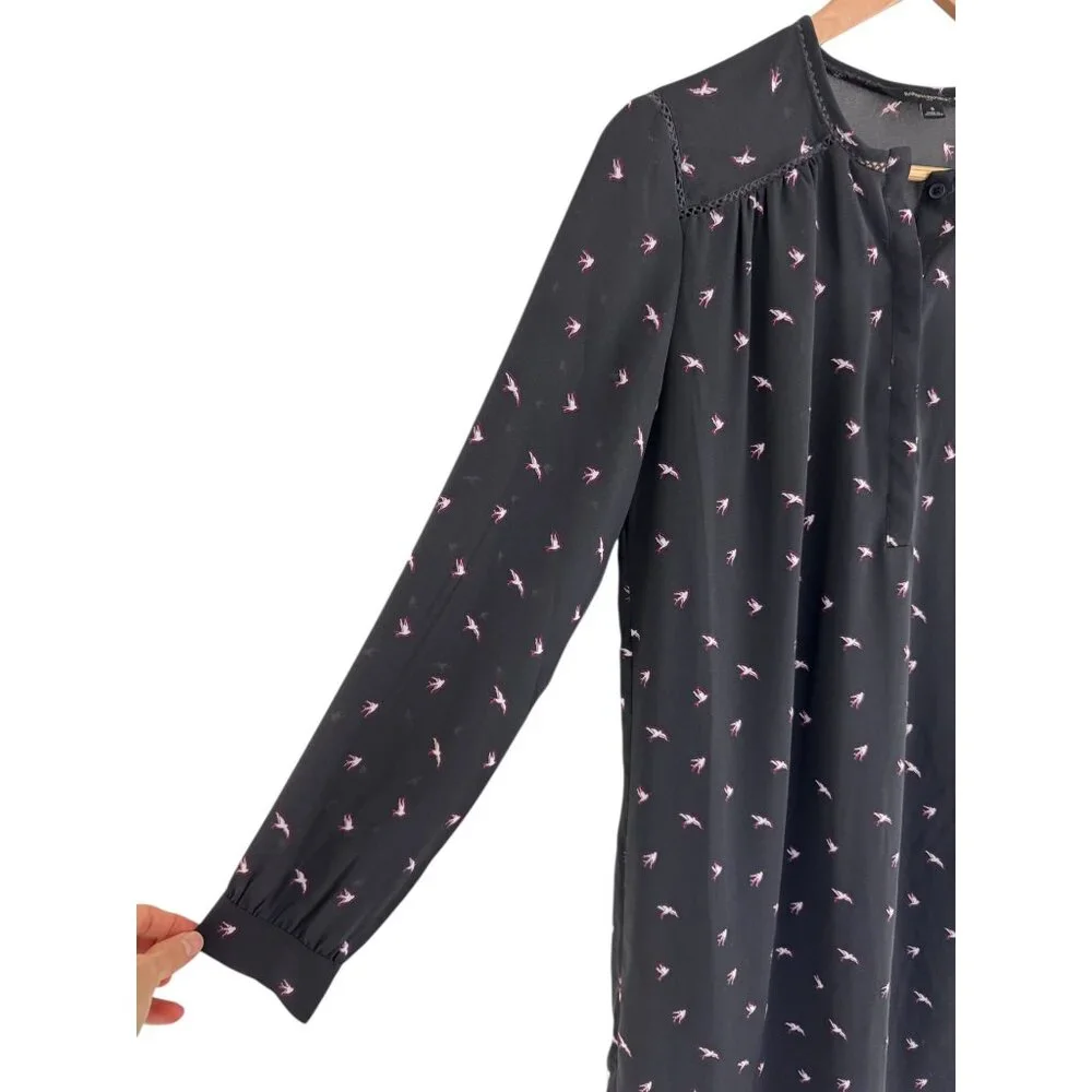 Banana‎ Republic Gray Ladder-Lace Bird Print Shift Dress Size S Chiffon Lined